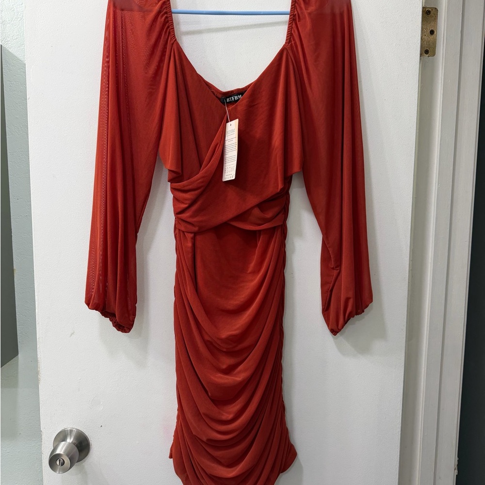 Red orange Ruched Long-Sleeve Women's Dress